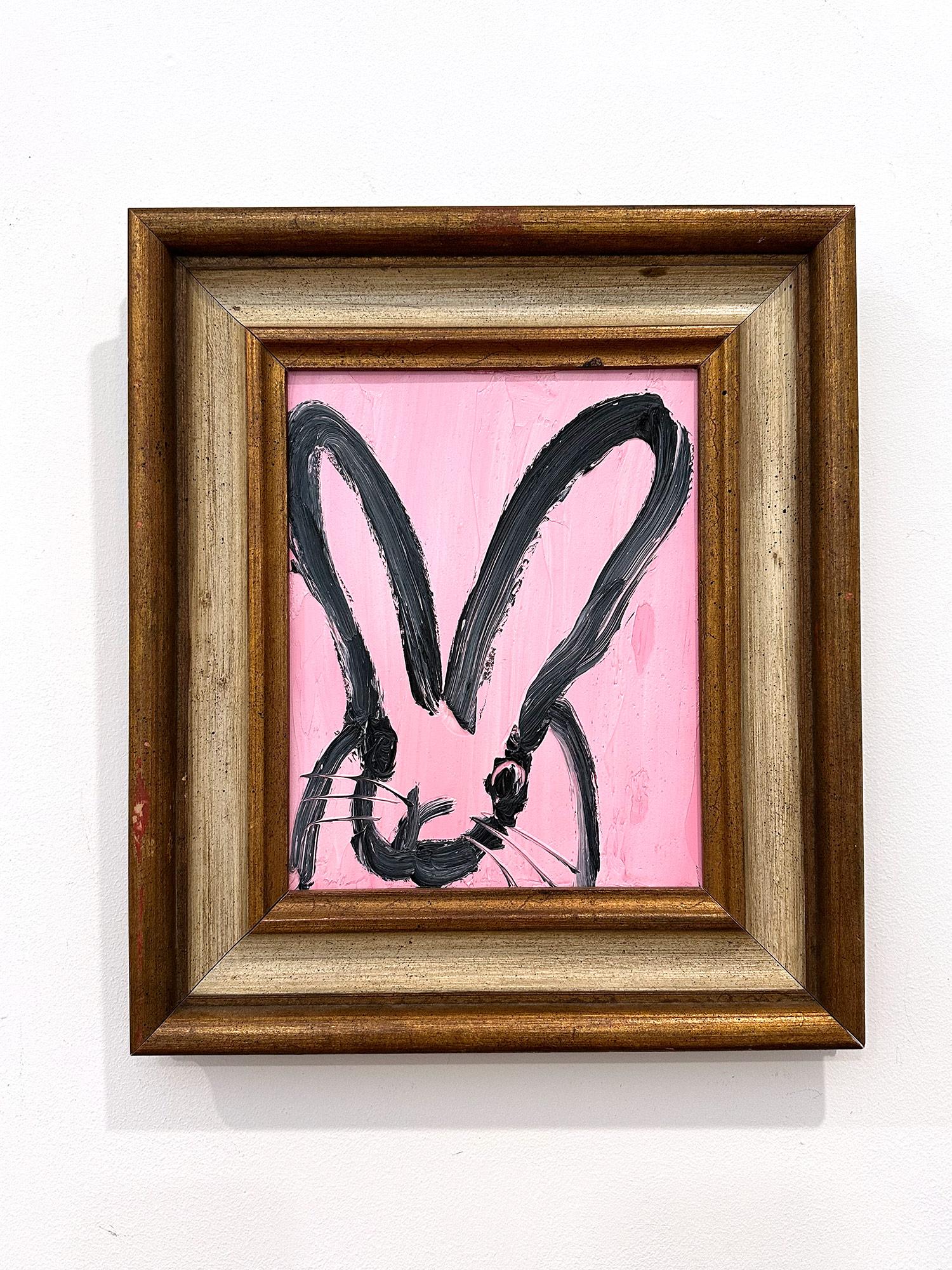 „Rose“ Schwarzes Ölgemälde auf Holzrahmen, Schwarzer Umriss Bunny auf französischem rosa Hintergrund, gerahmt im Angebot 11
