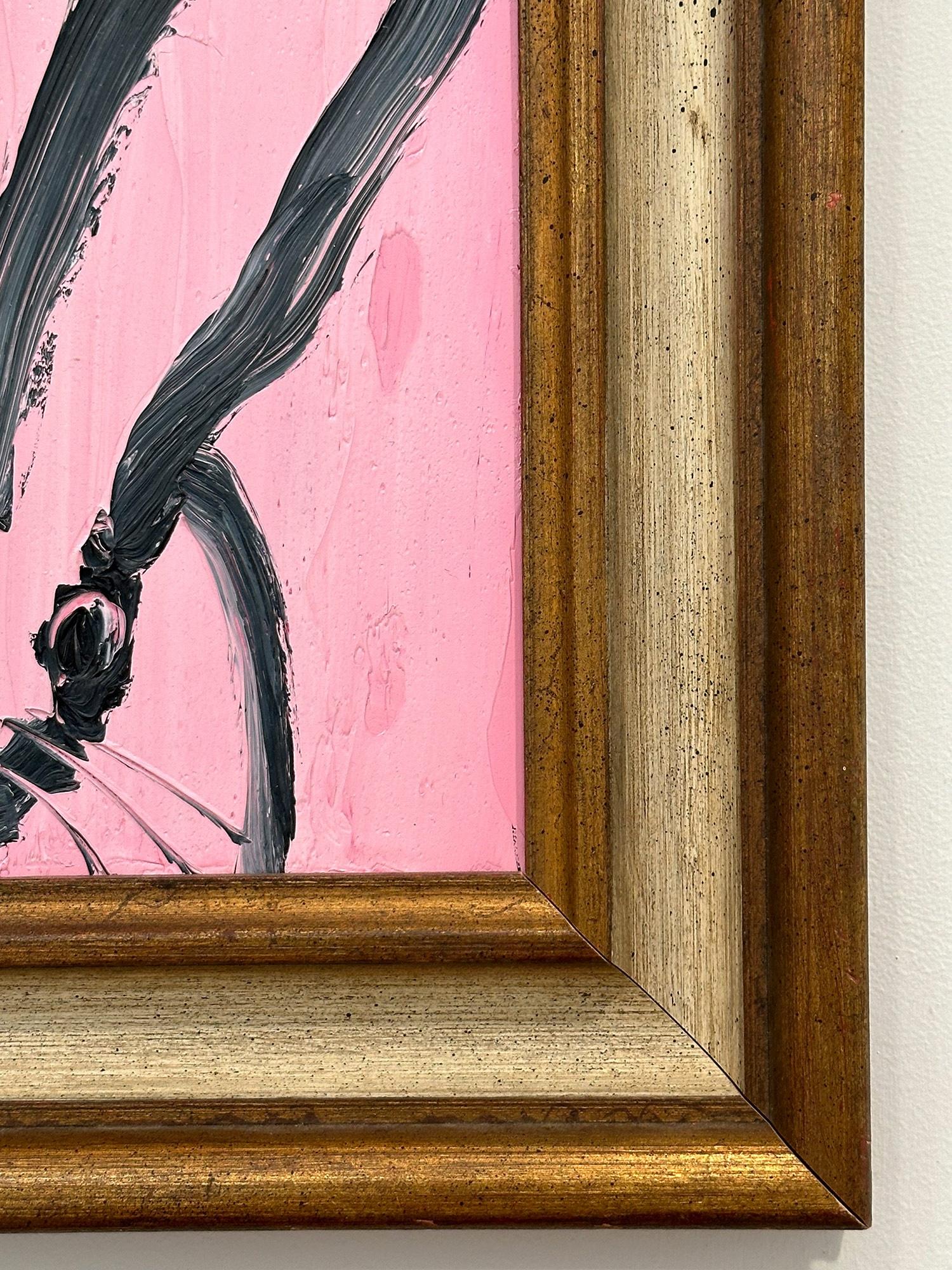 „Rose“ Schwarzes Ölgemälde auf Holzrahmen, Schwarzer Umriss Bunny auf französischem rosa Hintergrund, gerahmt im Angebot 8