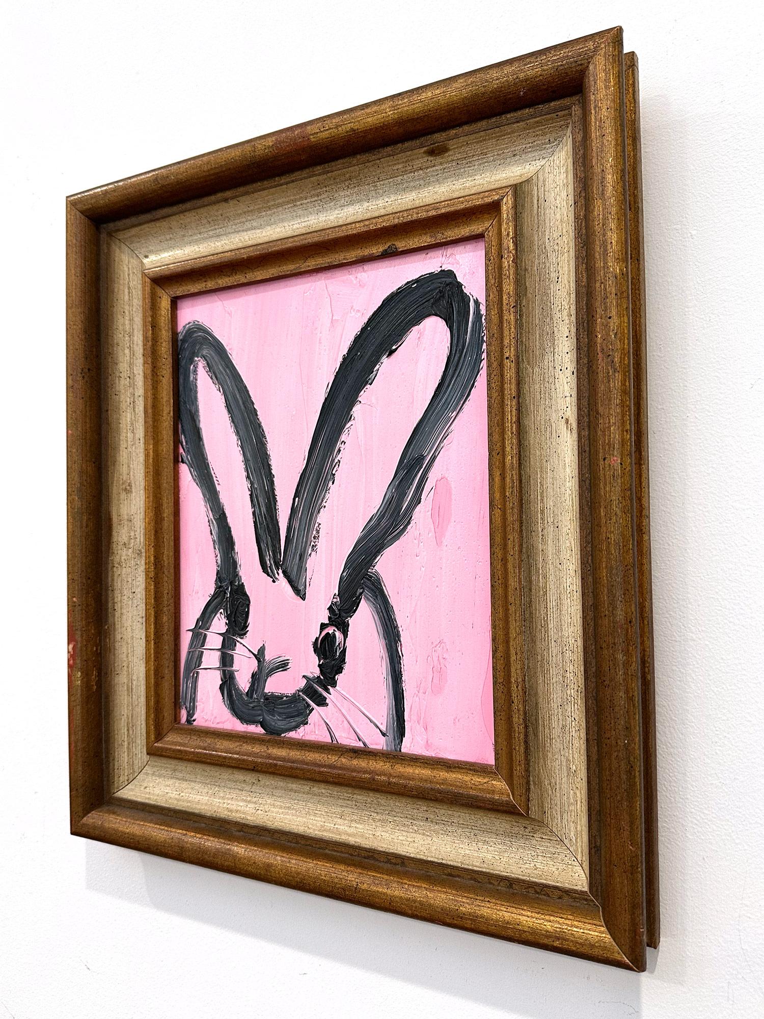 „Rose“ Schwarzes Ölgemälde auf Holzrahmen, Schwarzer Umriss Bunny auf französischem rosa Hintergrund, gerahmt im Angebot 12