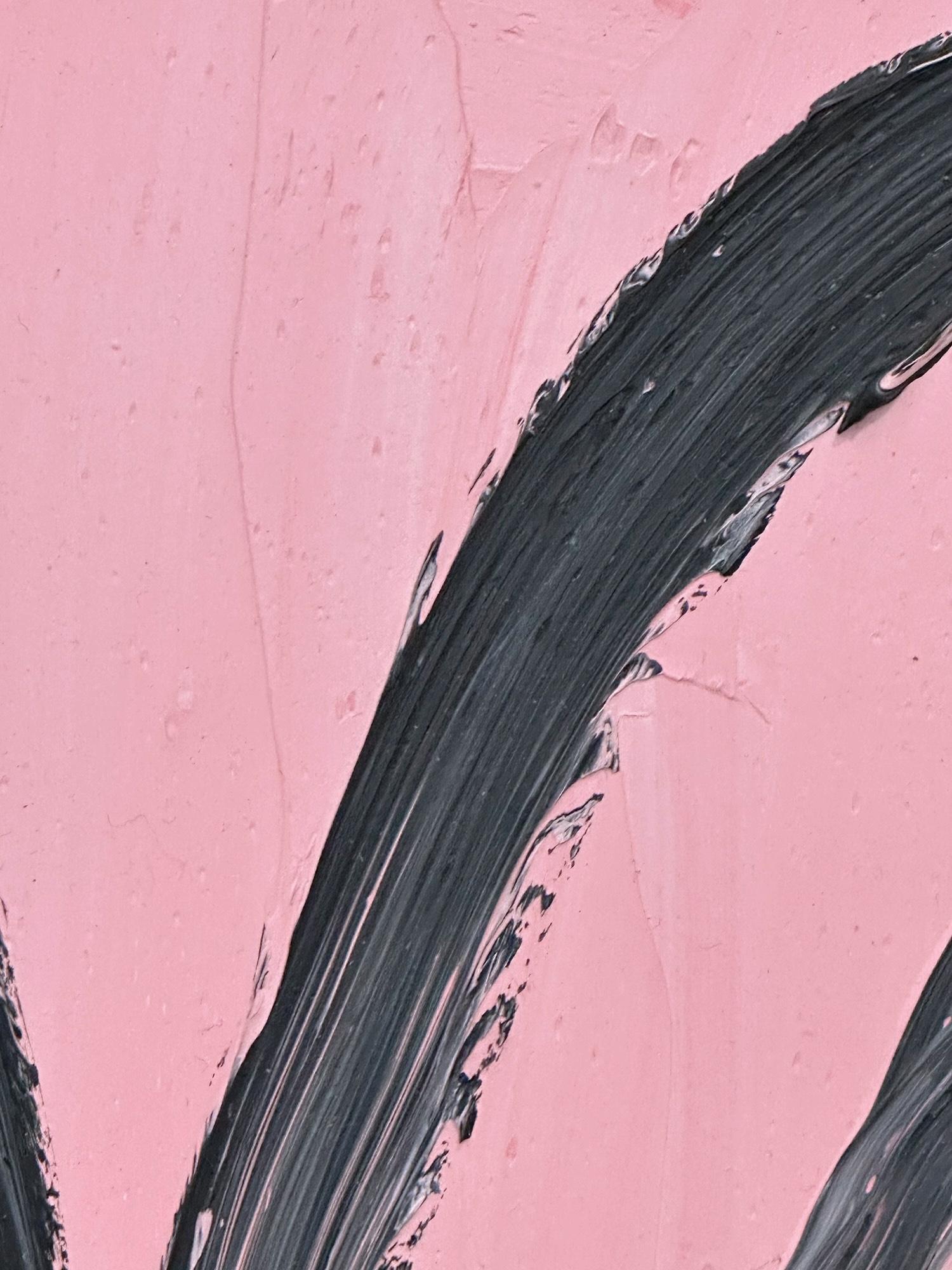 „Rose“ Schwarzes Ölgemälde auf Holzrahmen, Schwarzer Umriss Bunny auf französischem rosa Hintergrund, gerahmt im Angebot 1