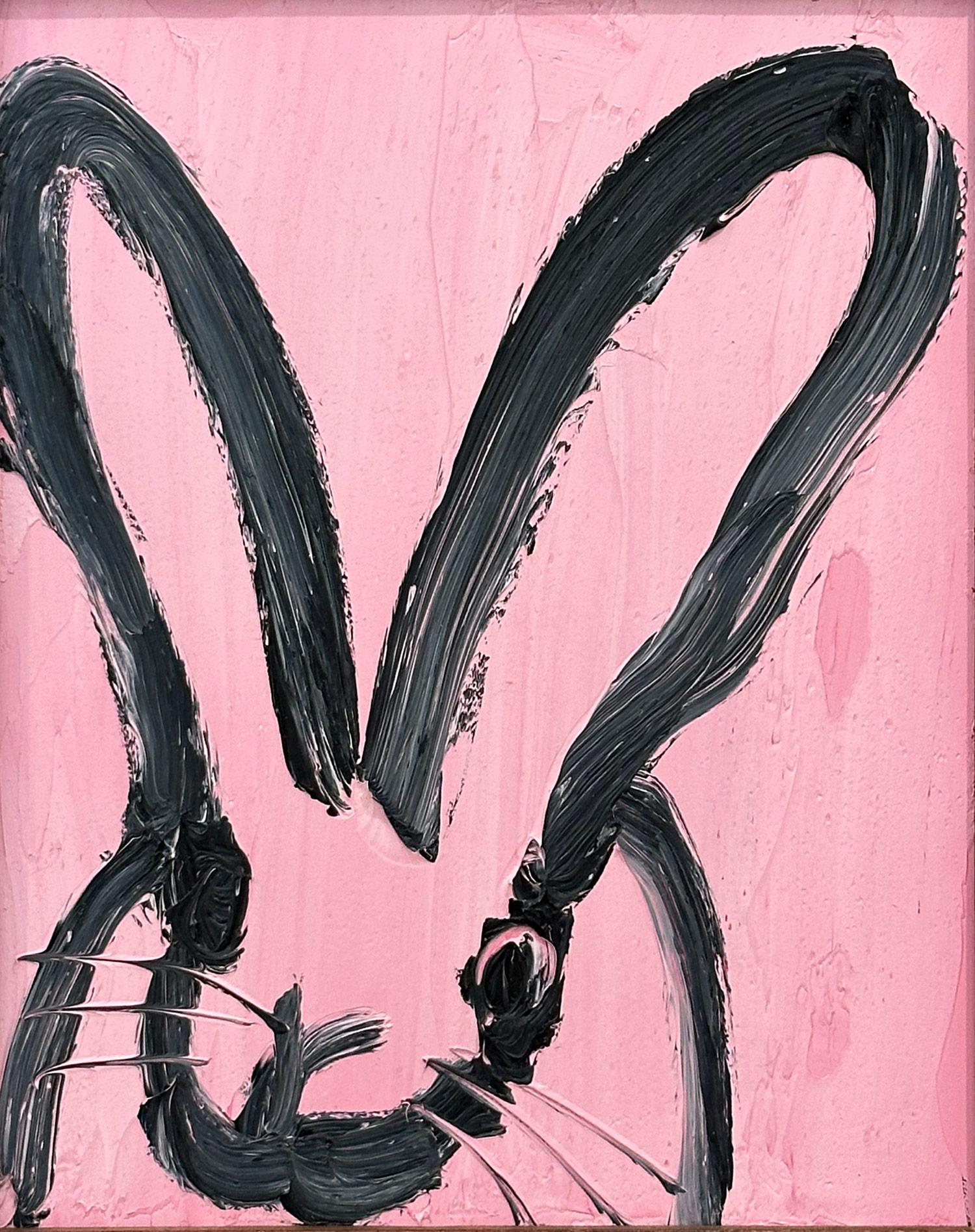 „Rose“ Schwarzes Ölgemälde auf Holzrahmen, Schwarzer Umriss Bunny auf französischem rosa Hintergrund, gerahmt – Painting von Hunt Slonem