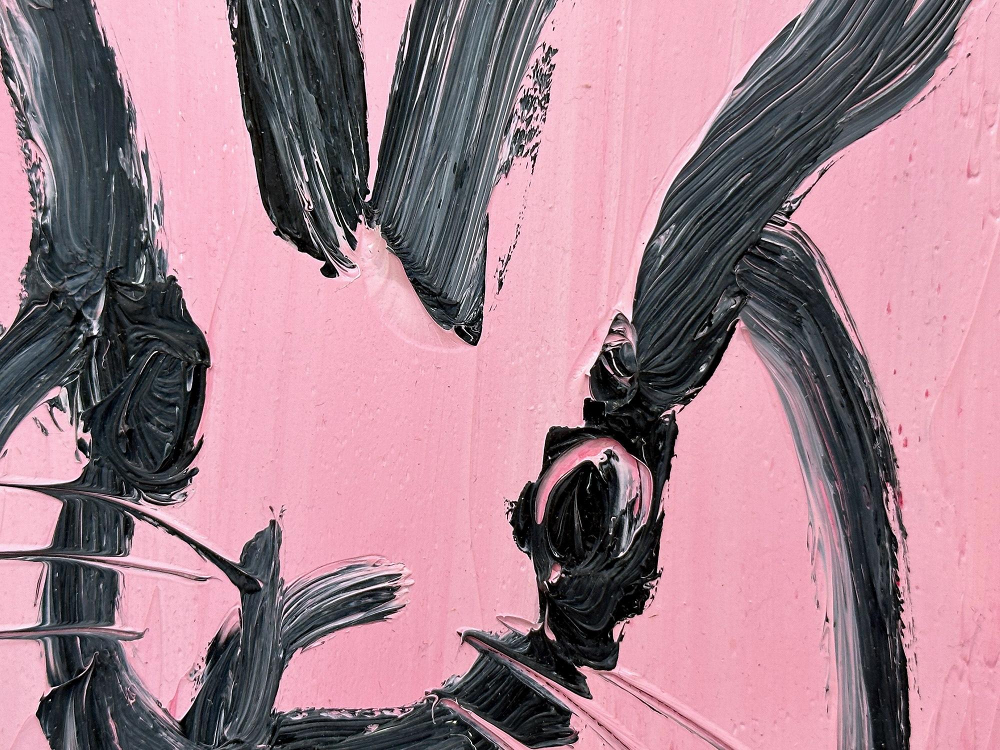 „Rose“ Schwarzes Ölgemälde auf Holzrahmen, Schwarzer Umriss Bunny auf französischem rosa Hintergrund, gerahmt (Neue Wilde), Painting, von Hunt Slonem