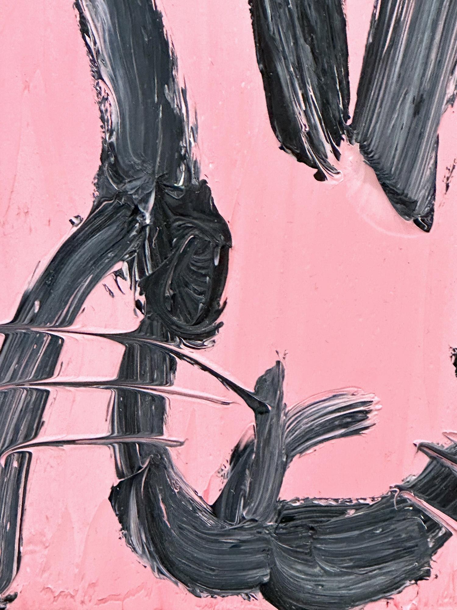 Eine wunderbare Komposition eines der ikonischsten Themen von Slonem, nämlich Hasen. Dieses Werk zeigt eine gestische Figur eines schwarzen Hasen auf einem französisch-pinkfarbenen Hintergrund mit dick aufgetragener Farbe. Inspiriert von der Natur