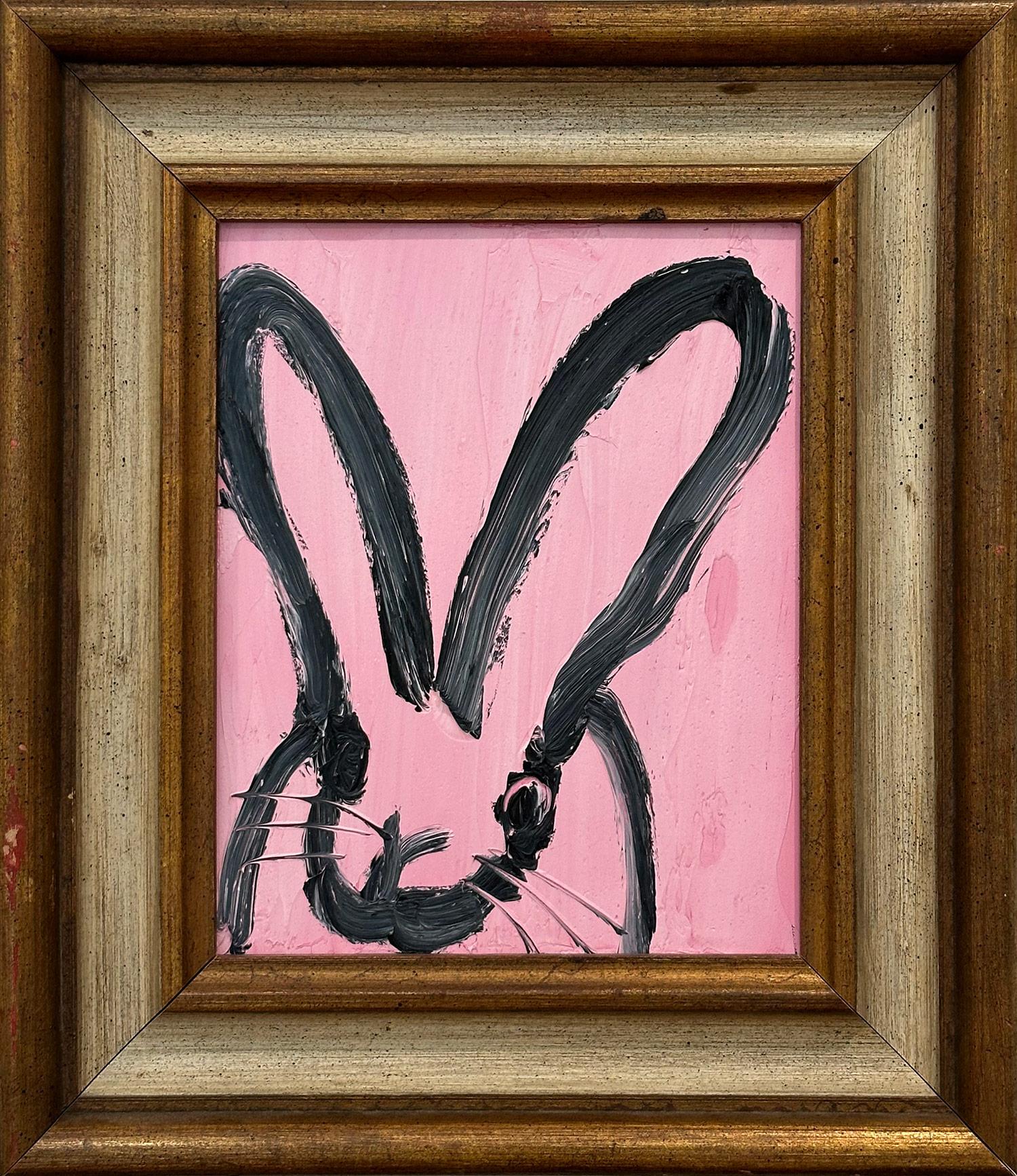 "Rose" Black Outline Bunny on French Pink Background Oil Painting on Wood Framed
