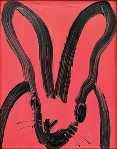 „Rose of Lima“ Schwarzes Outline Bunny auf französischer Rose Ölgemälde auf Holz gerahmt