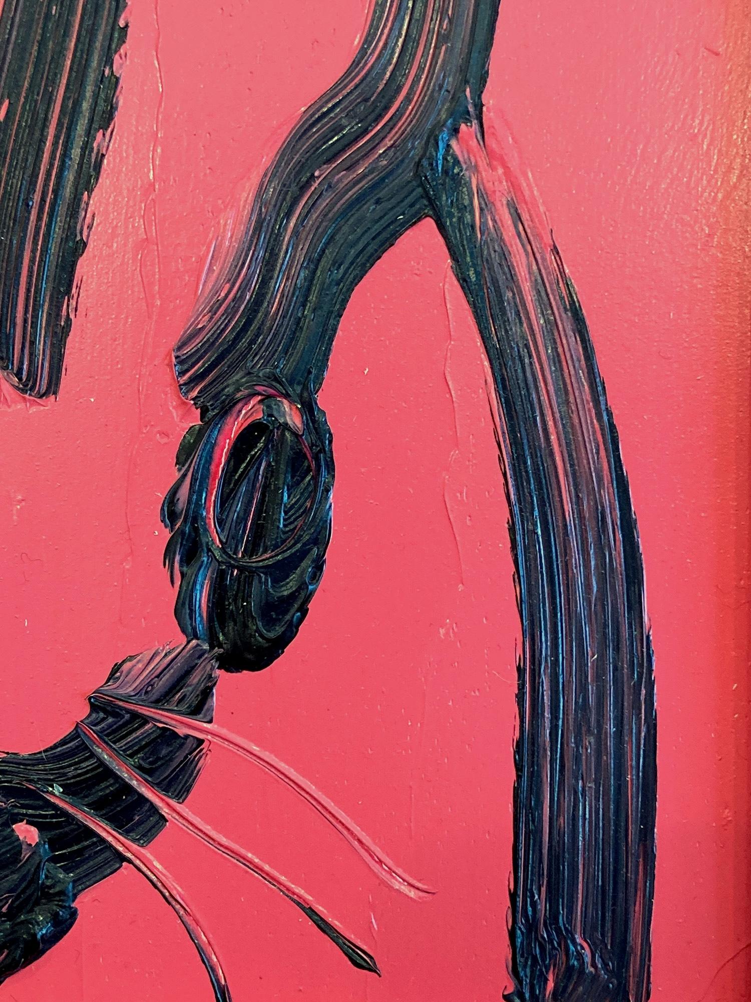 Una maravillosa composición de uno de los temas más icónicos de Slonem, los conejitos. Esta pieza representa una figura gestual de un conejito negro sobre un fondo rosa francés con un uso espeso de la pintura. Está dentro de un maravilloso marco de