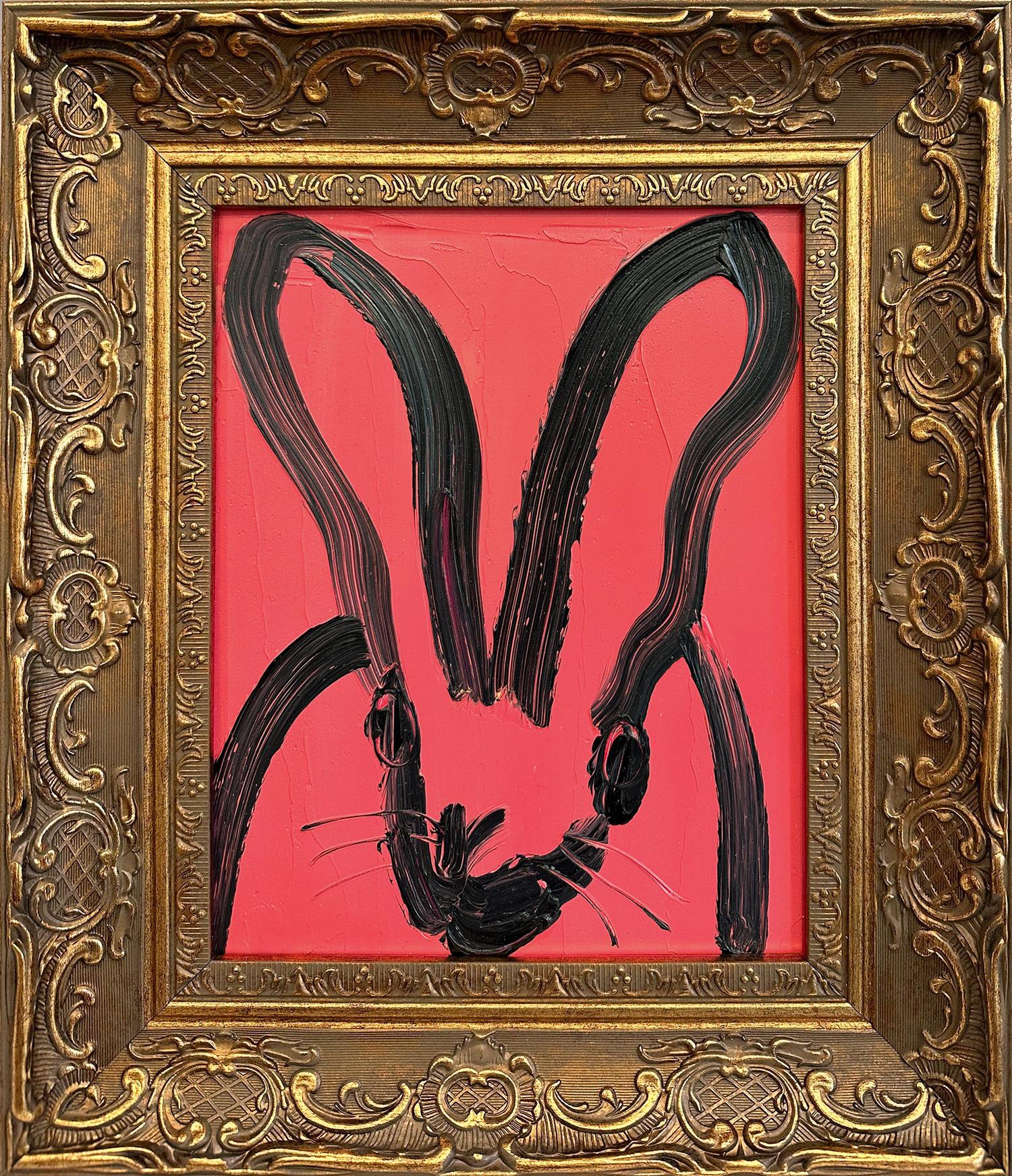 Abstract Painting de Hunt Slonem - "Rosa de Lima" Conejito de contorno negro sobre rosa francesa Pintura al óleo sobre madera Enmarcada