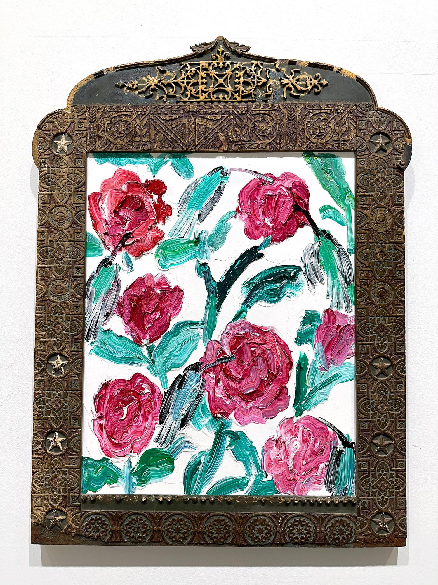 « Rose des oiseaux de Lima », peinture à l'huile sur bois, rouge vert sur fond blanc en vente 9