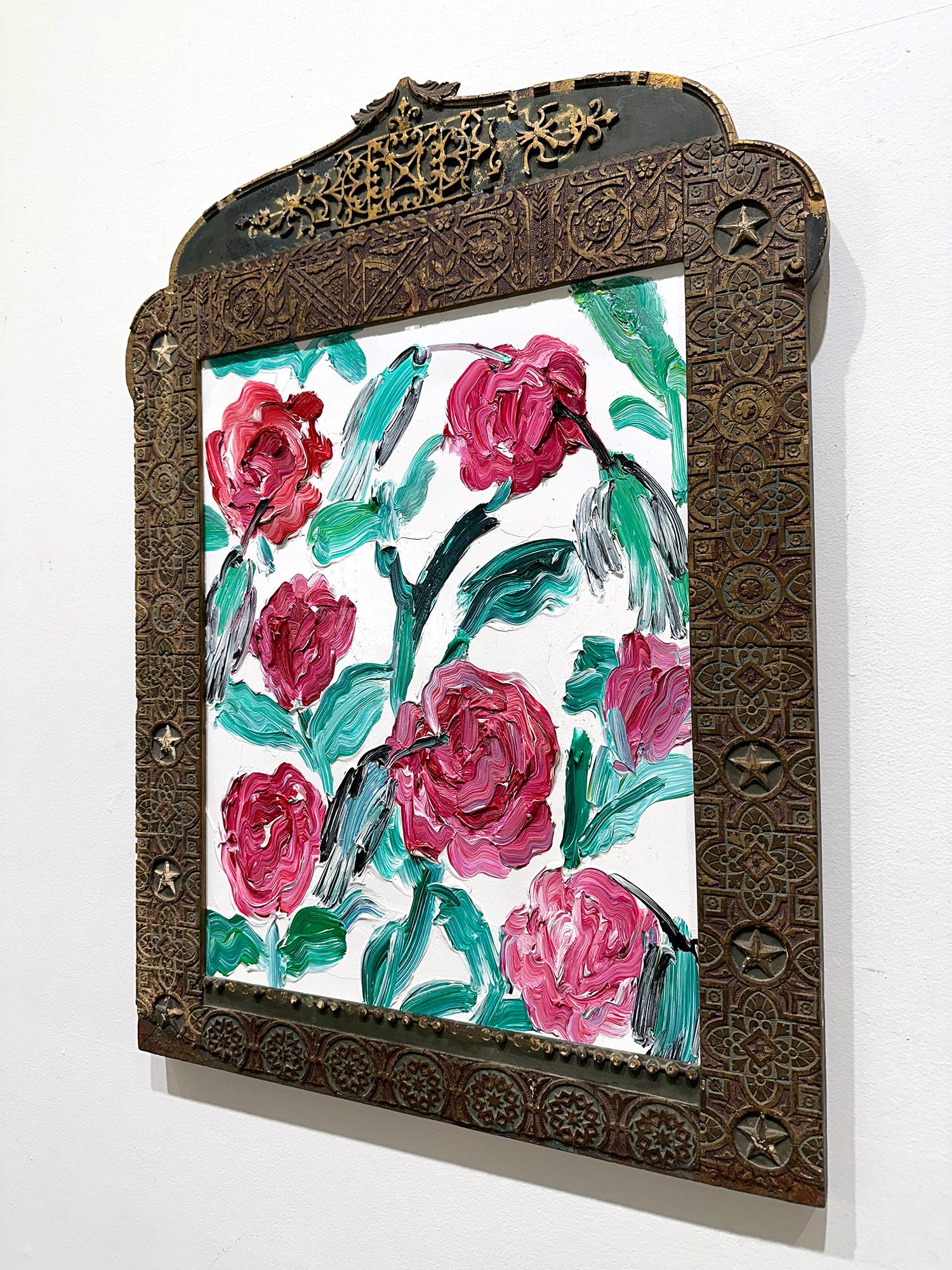 « Rose des oiseaux de Lima », peinture à l'huile sur bois, rouge vert sur fond blanc en vente 10