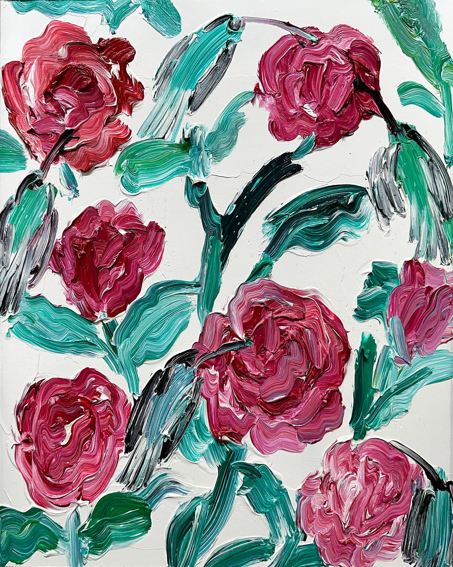 « Rose des oiseaux de Lima », peinture à l'huile sur bois, rouge vert sur fond blanc - Painting de Hunt Slonem