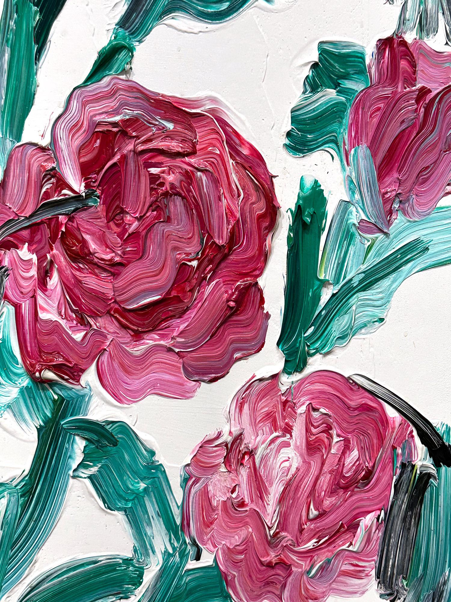 « Rose des oiseaux de Lima », peinture à l'huile sur bois, rouge vert sur fond blanc en vente 1