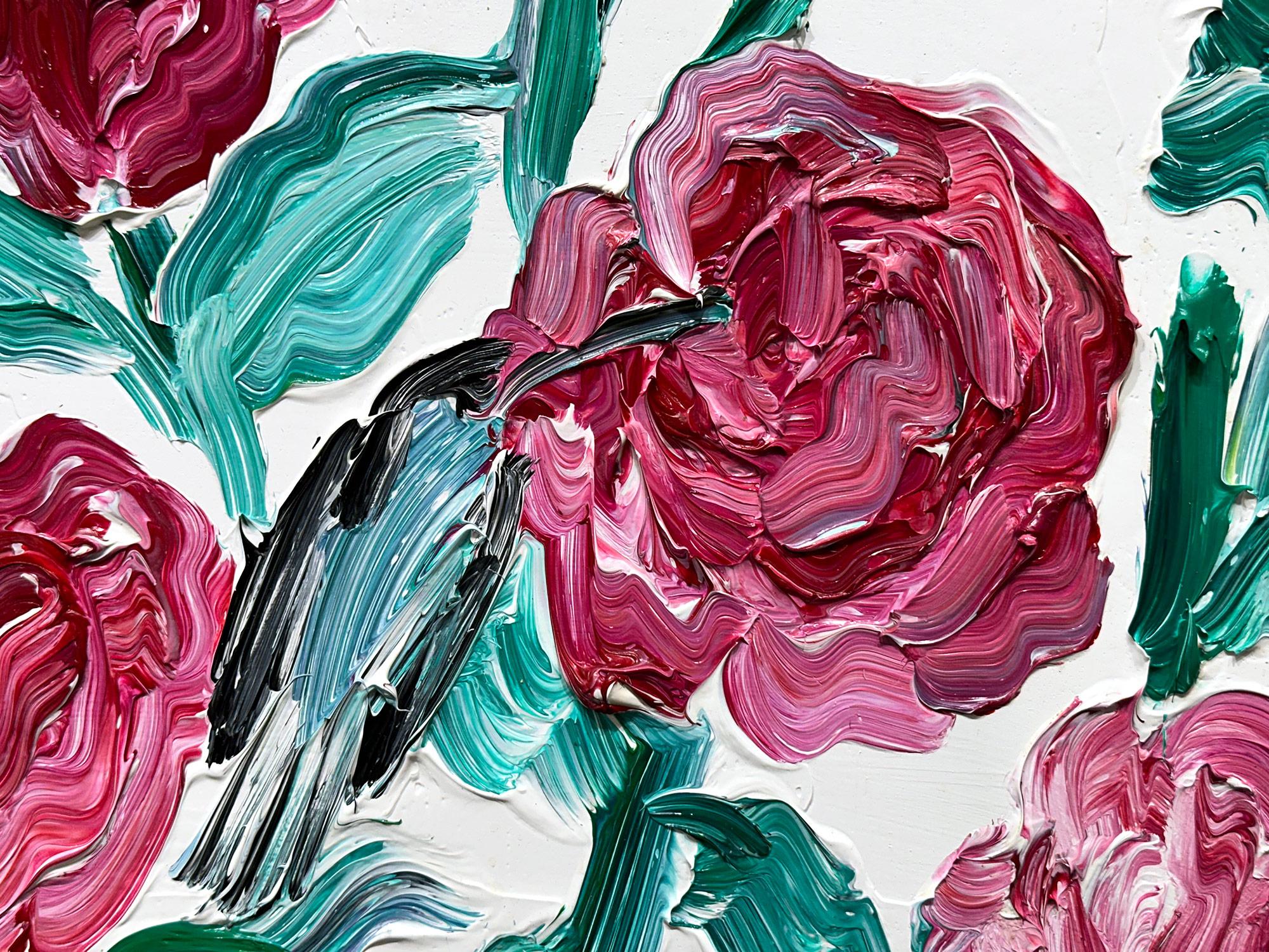 « Rose des oiseaux de Lima », peinture à l'huile sur bois, rouge vert sur fond blanc en vente 2