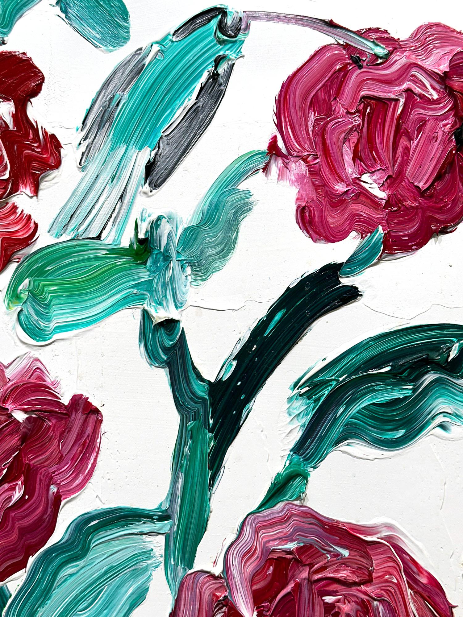 « Rose des oiseaux de Lima », peinture à l'huile sur bois, rouge vert sur fond blanc en vente 3