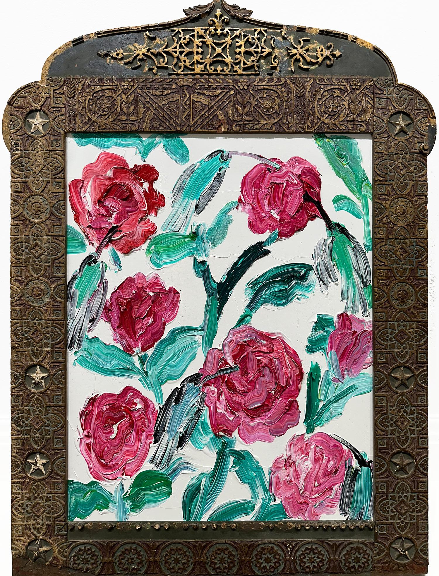 Abstract Painting Hunt Slonem - « Rose des oiseaux de Lima », peinture à l'huile sur bois, rouge vert sur fond blanc