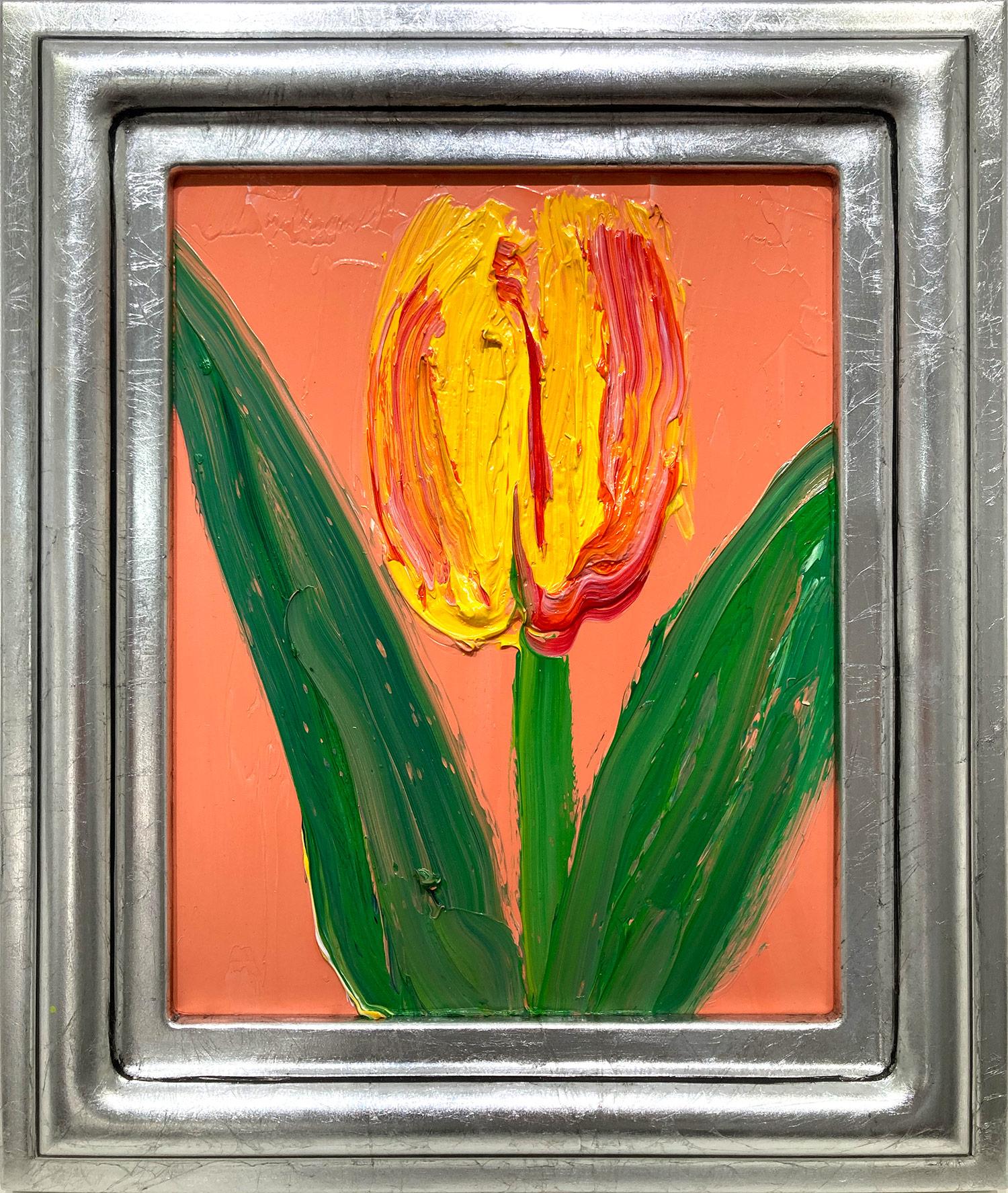 „Rotterdam Field“ Tulpe auf pfirsichfarbenem, orangefarbenem Hintergrund, Ölgemälde, gerahmt