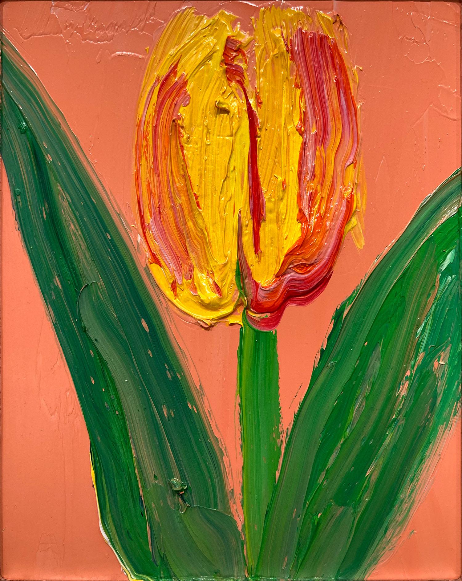 „Rotterdam Field“ Tulpe auf pfirsichfarbenem, orangefarbenem Hintergrund, Ölgemälde, gerahmt – Painting von Hunt Slonem