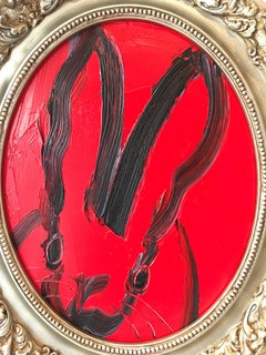 "Rover" (Oval Black Outlined Bunny on Scarlet Red Background)