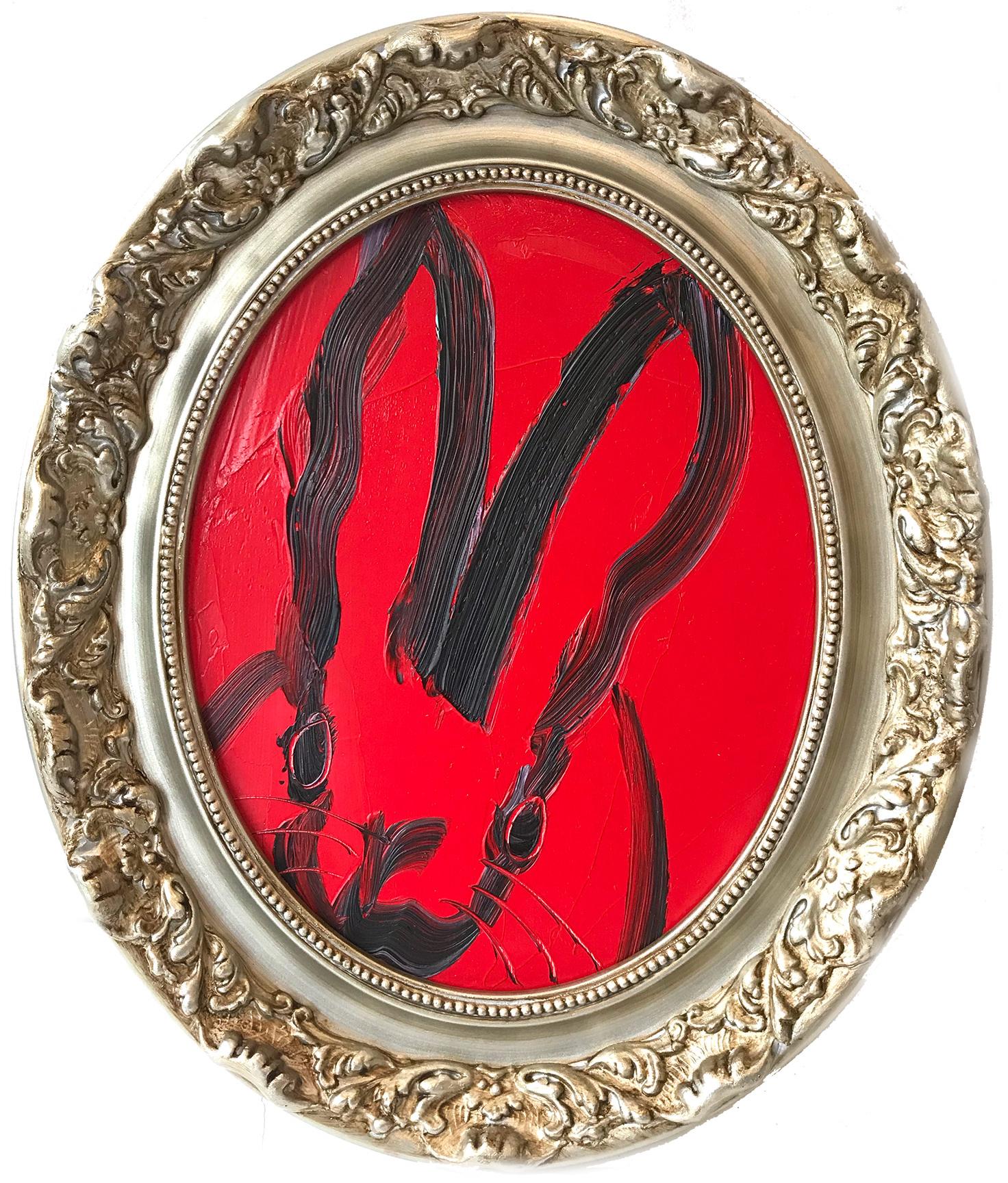 "Rover" (Oval Black Outlined Bunny on Scarlet Red Background)