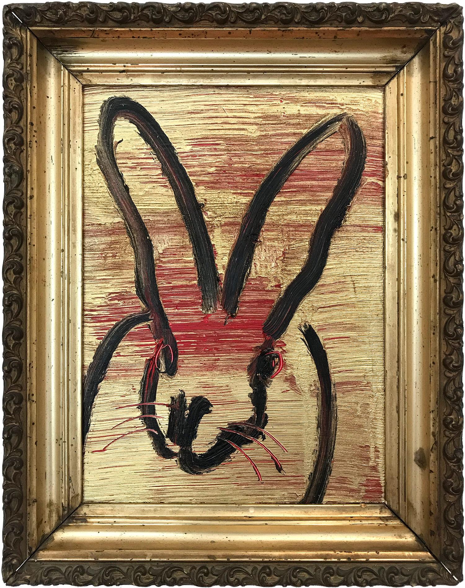 Hunt Slonem Abstract Painting - "Ruby Tues 2" (Black Bunny on Gold with Red accents) Oil on Wood Panel Painting