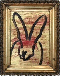 "Ruby Tues 2" (Black Bunny on Gold with Red accents) Oil on Wood Panel Painting