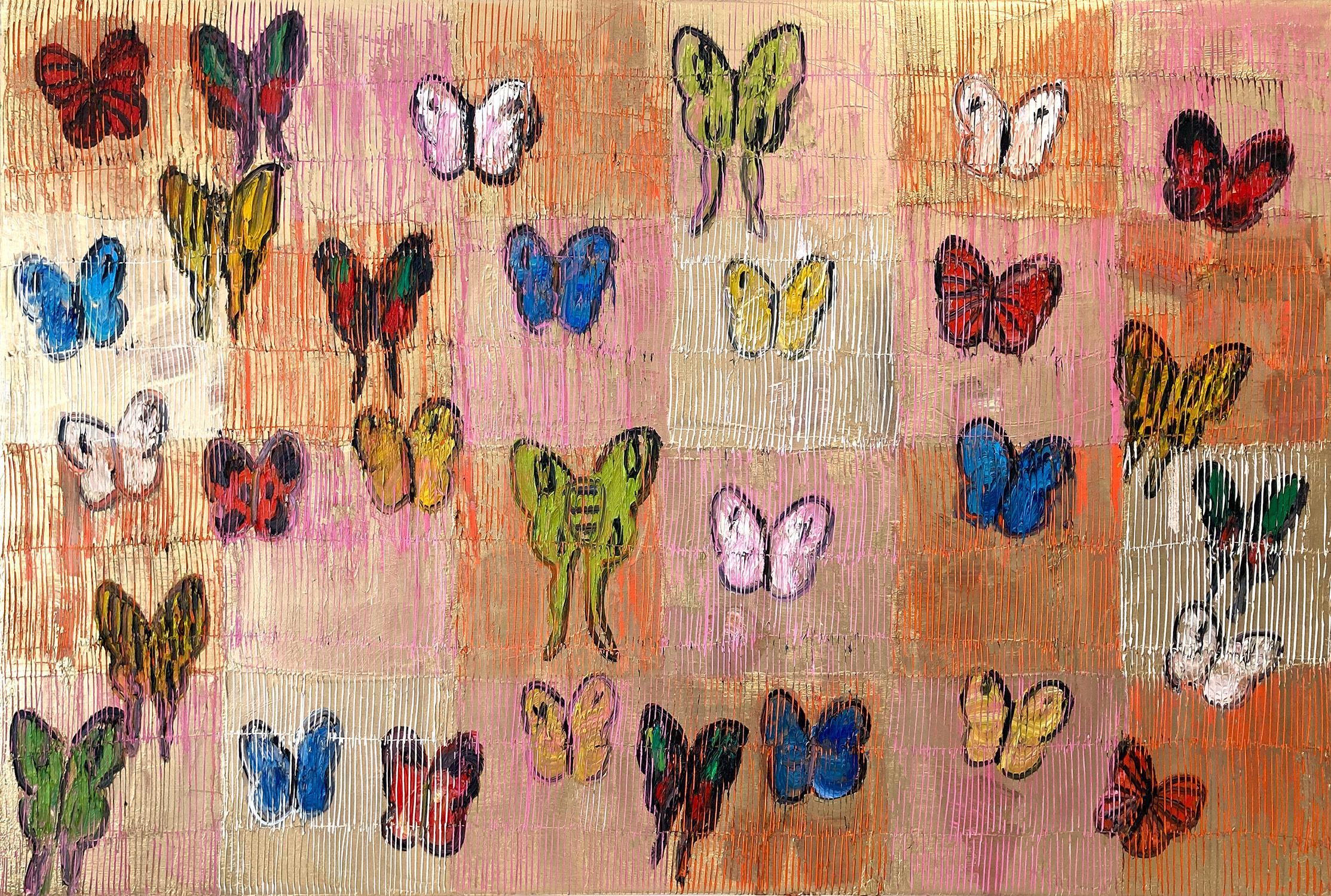 Hunt Slonem Animal Painting - "Sanctury Spilway" Butterflies with Multicolor Background Oil Painting on Canvas