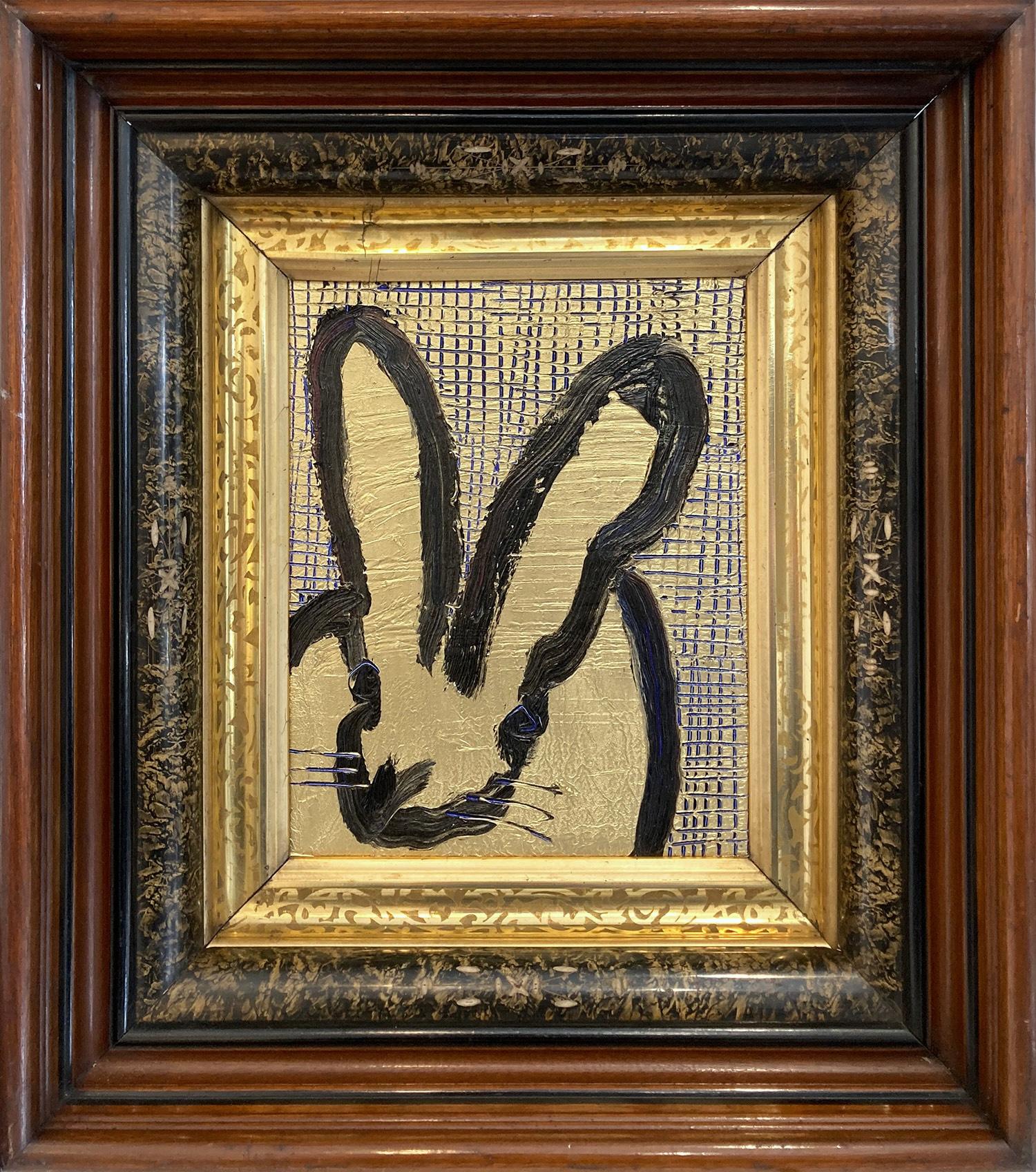 "Partitura" Conejito de contorno negro sobre fondo dorado Pintura al óleo Panel de madera Enmarcado