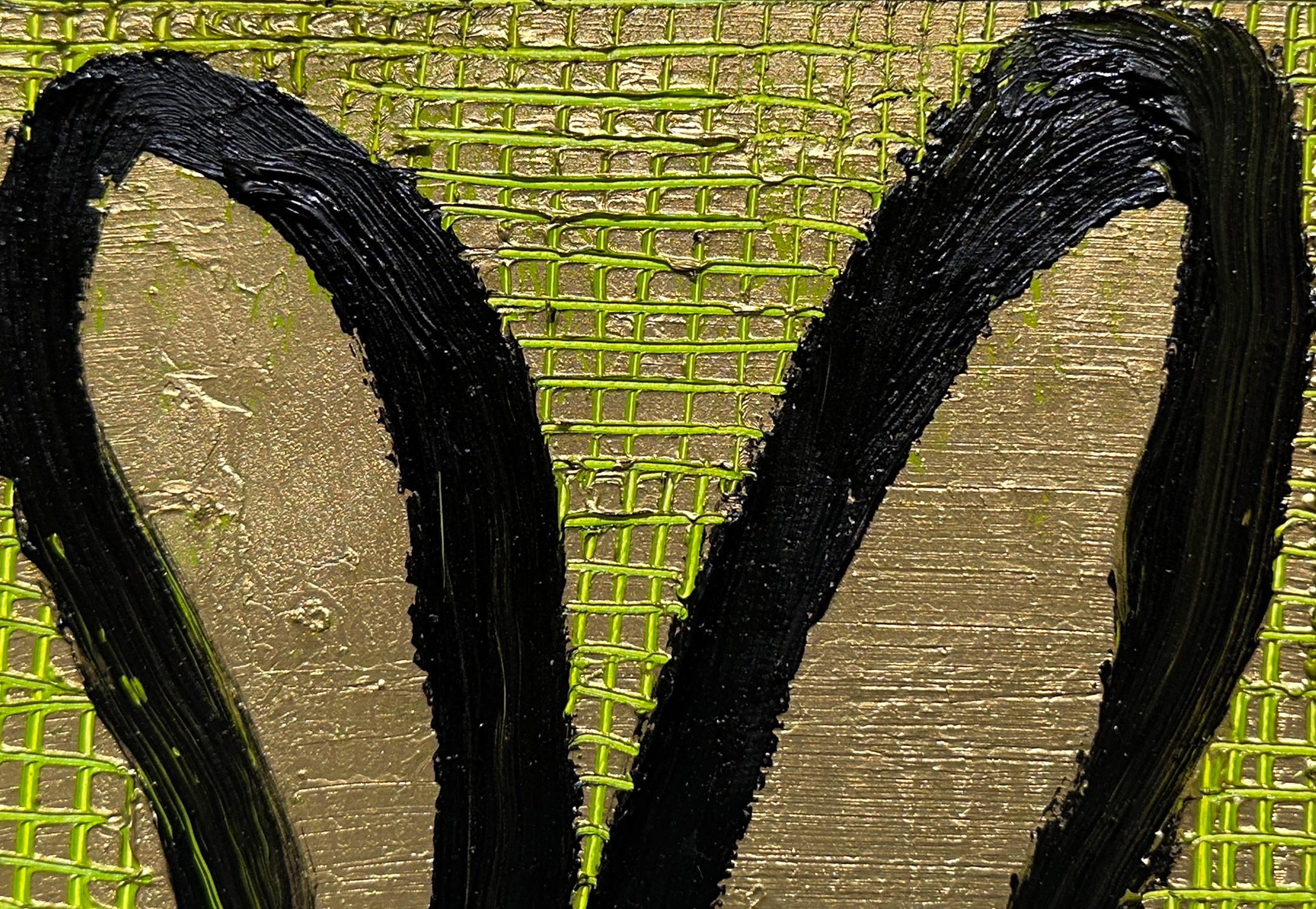 A wonderful composition of one of Slonem's most iconic subjects, Bunnies. This piece depicts a gestural figure of a black bunny with lime green accents and Gold background with thick use of colorful paint. It is housed in a wonderful gold tone