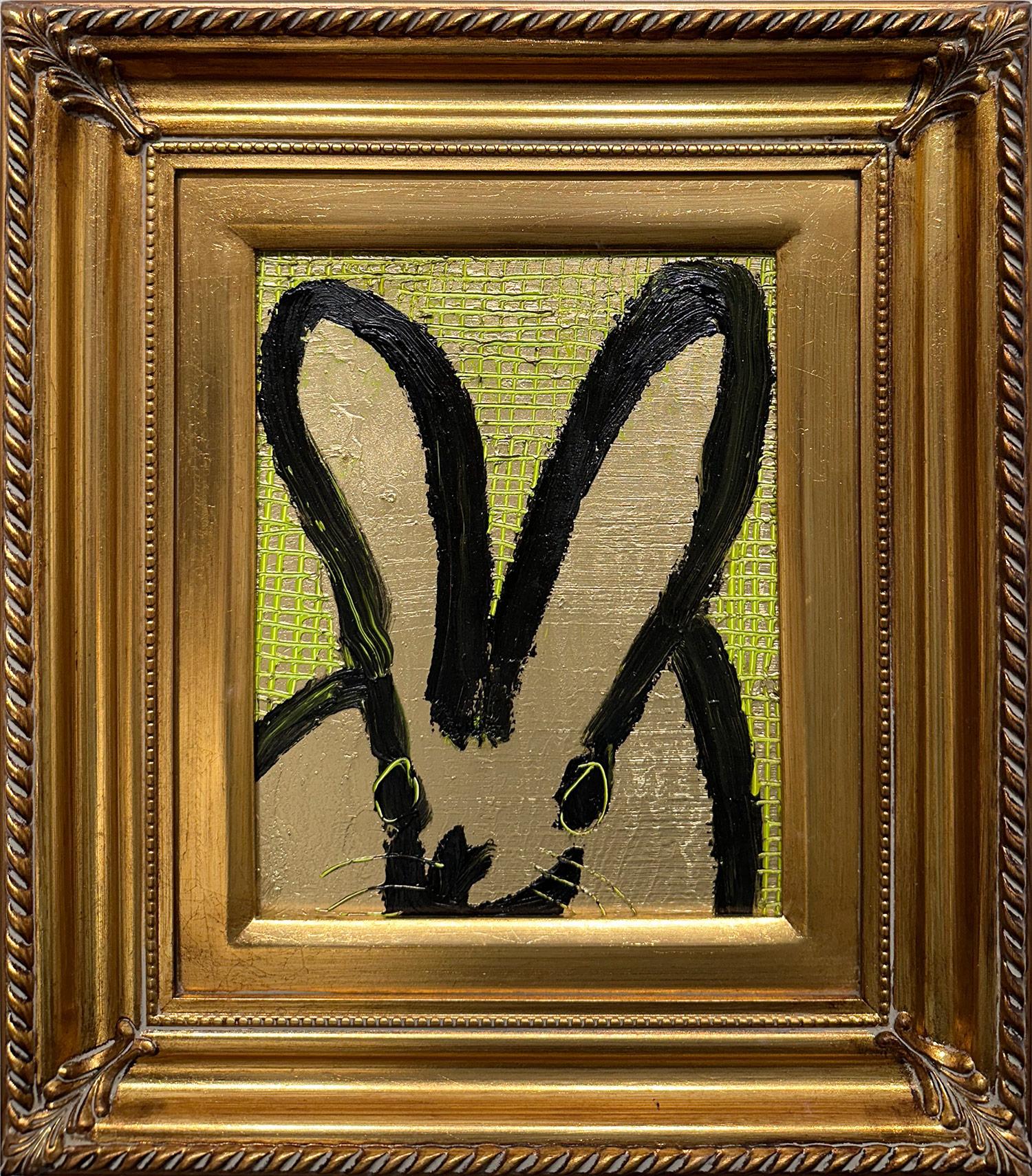 Hunt Slonem Abstract Painting - "Scored" Black Bunny on Golden Background with Lime Green Accents & Scoring 