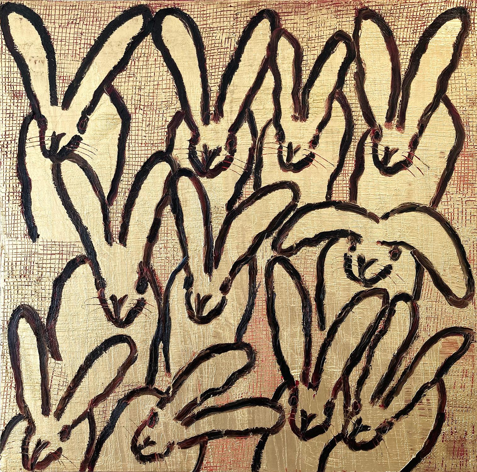 Hunt Slonem Abstract Painting - "Scored Hutch (Golden)" Black Bunnies on Red and Gold Background Oil on Canvas