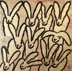 "Scored Hutch (Golden)" Black Bunnies on Red and Gold Background Oil on Canvas