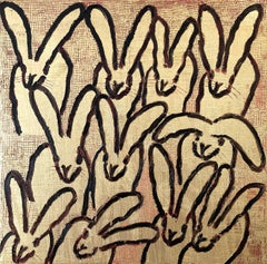 Peinture à l'huile sur toile « Scored Hutch (Golden) » représentant des lapins noirs sur fond rouge et or