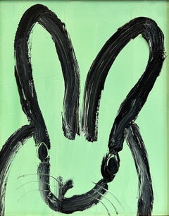 "Sea Side" Coniglietto dai contorni neri su tela blu acqua, dipinto a olio su pannello di Wood con cornice