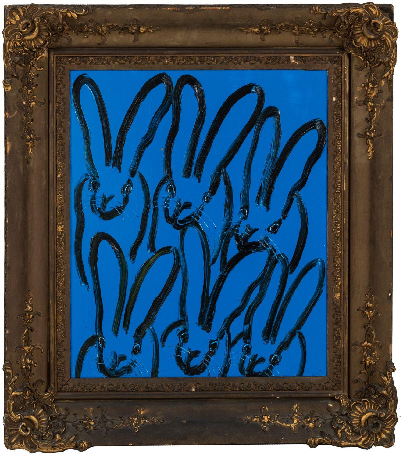 Hunt Slonem Figurative Painting - Sextet Playscape "Bunny Painting" Blue Oil Painting in Ornate Vintage Frame