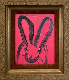 "Shade of Red" Schwarzer Umriss Hase auf Cerise Rot Ölgemälde auf Holz Gerahmt