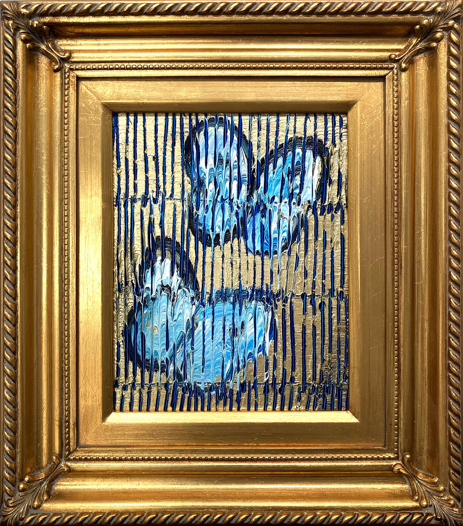 Hunt Slonem Animal Painting - "Side Isle" White and Blue Butterflies on Gold Background with Scoring 