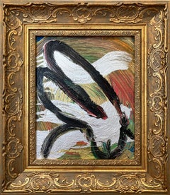 "Side Show 2" Bunny on Gold 
Silver w Multicolor Background Oil Painting Framed