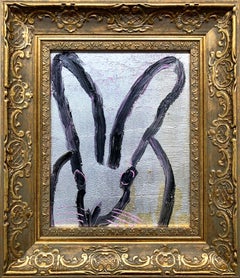 "Sighting" Black Bunny on Silver Background Pink Accents Oil Painting on Wood