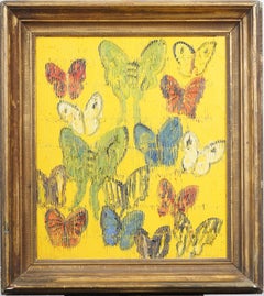 Signed Large Framed Antique American Modernist Butterfly Still Life Oil Painting