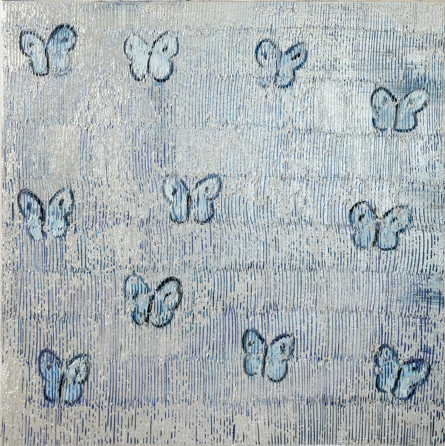 Hunt Slonem Figurative Painting - Silver Ascension Tues "Butterfly Painting" Colorful Butterflies Blue and Silver