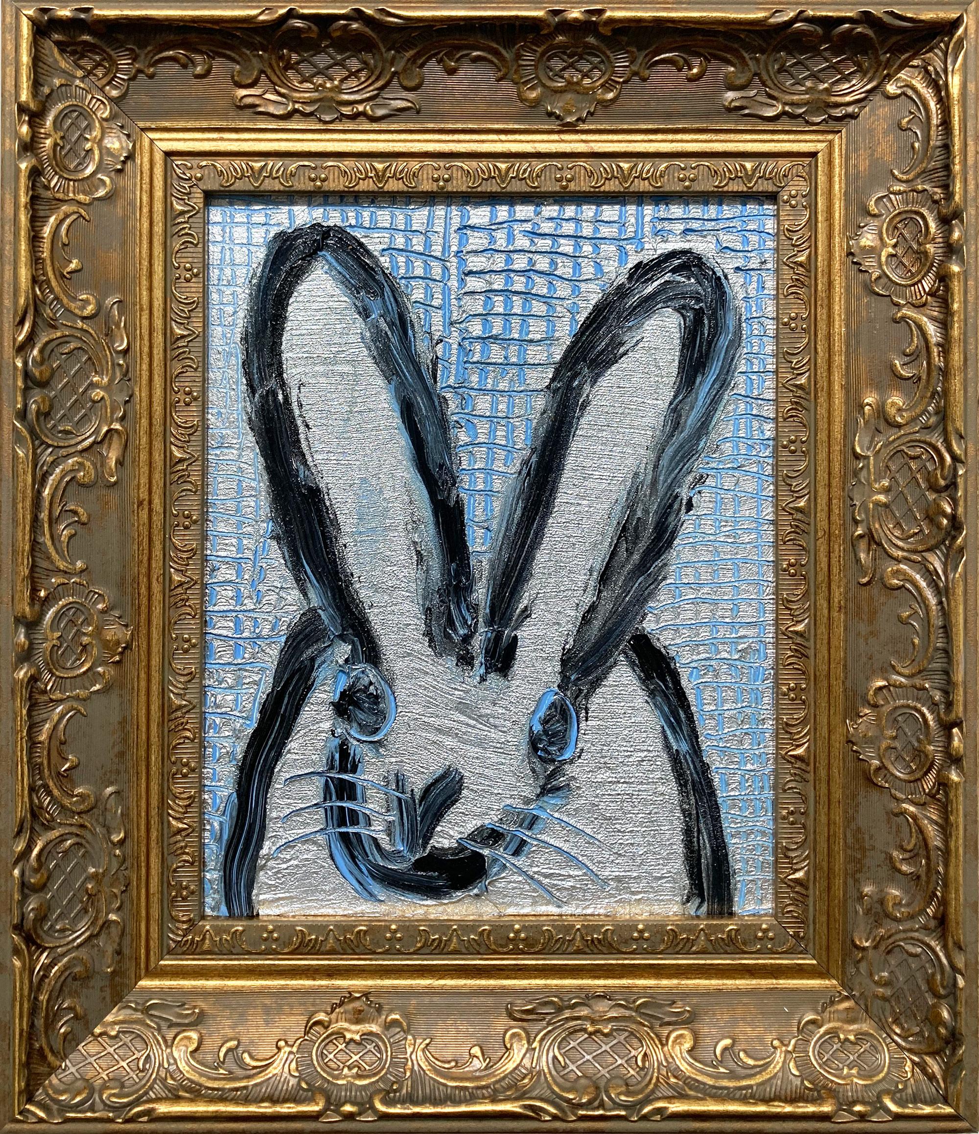 Animal Painting Hunt Slonem - Peinture à l'huile encadrée "Silver Scored" fond noir lapin doré et argenté