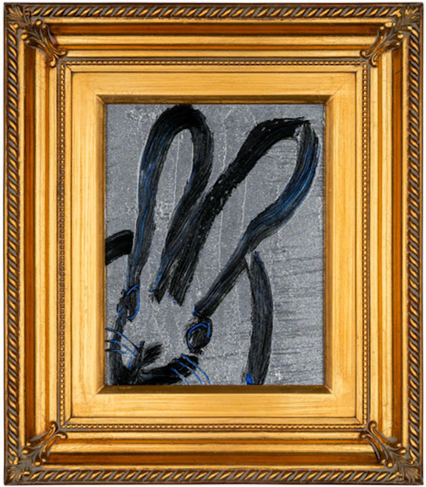 Hunt Slonem Animal Painting - "Silver Streak" Silver and Black Bunny Original Oil painting in Vintage Frame