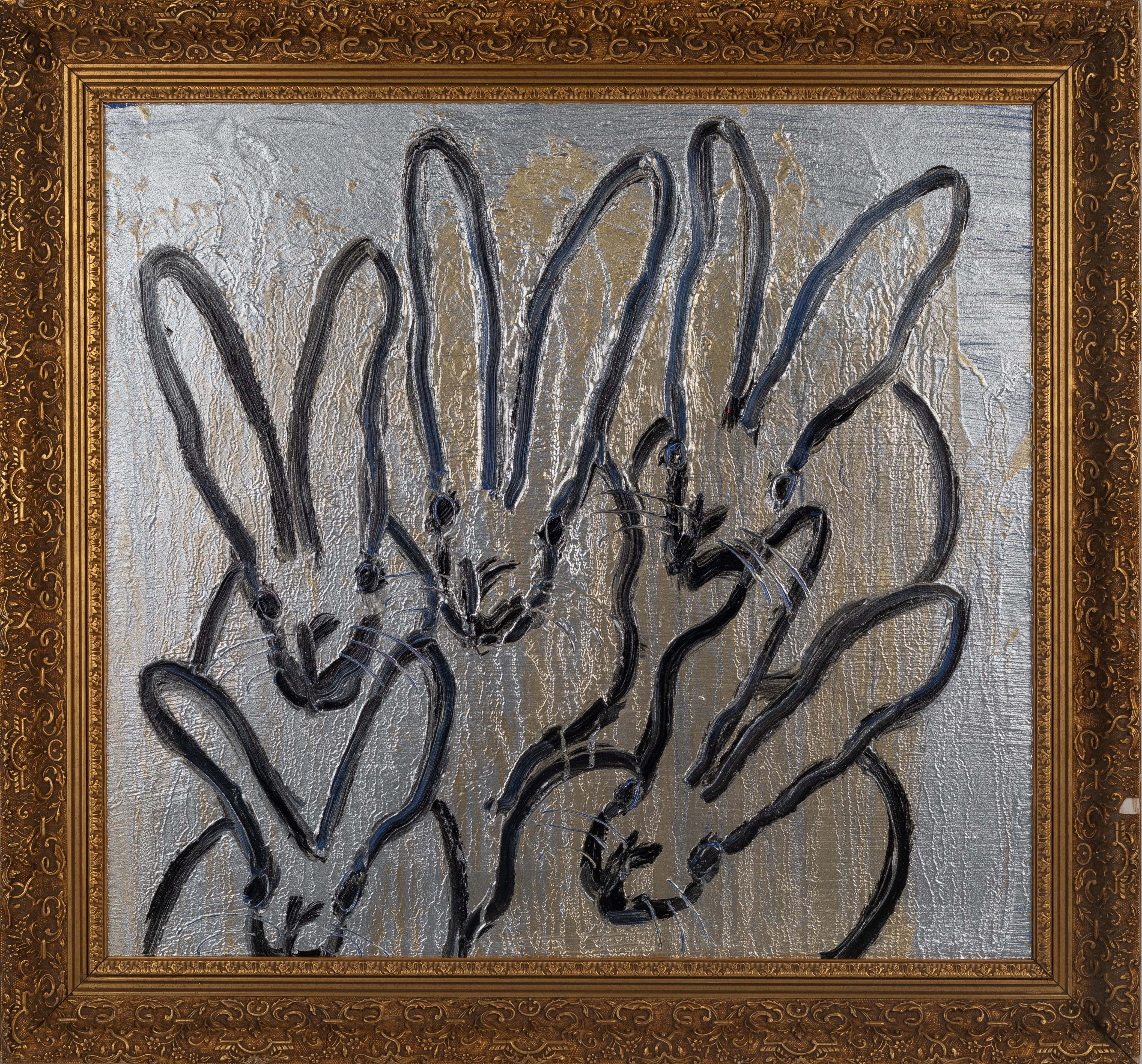 Hunt Slonem Animal Painting - Silver with Gold Bunnies (Long Trip)
