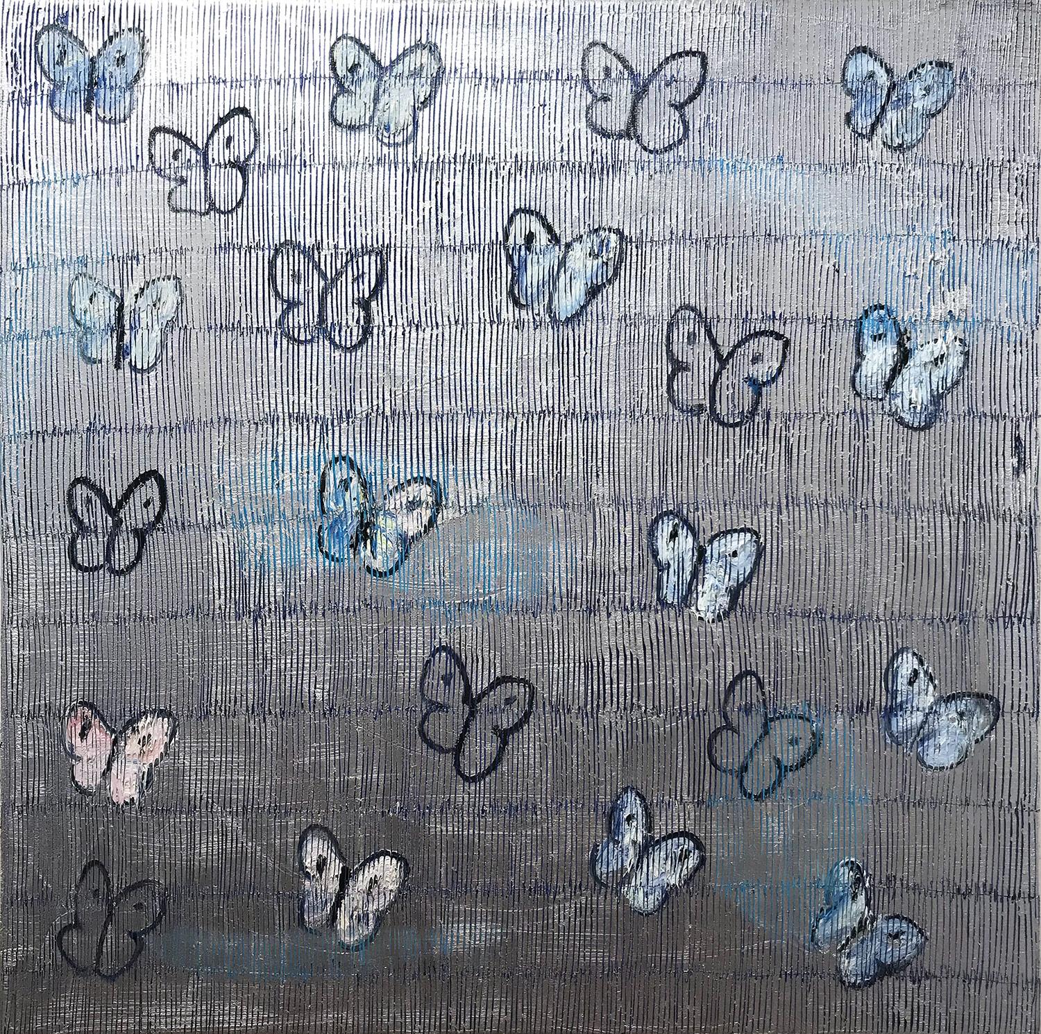 "Silverado" White and Blue Butterflies with Silver Background Painting on Canvas