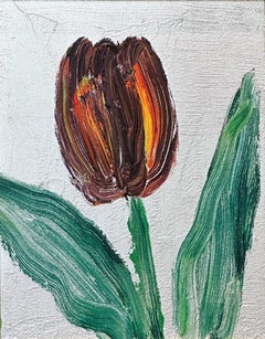 "Flor Única" Tulipán rojo sobre fondo plateado Pintura al óleo con marco antiguo