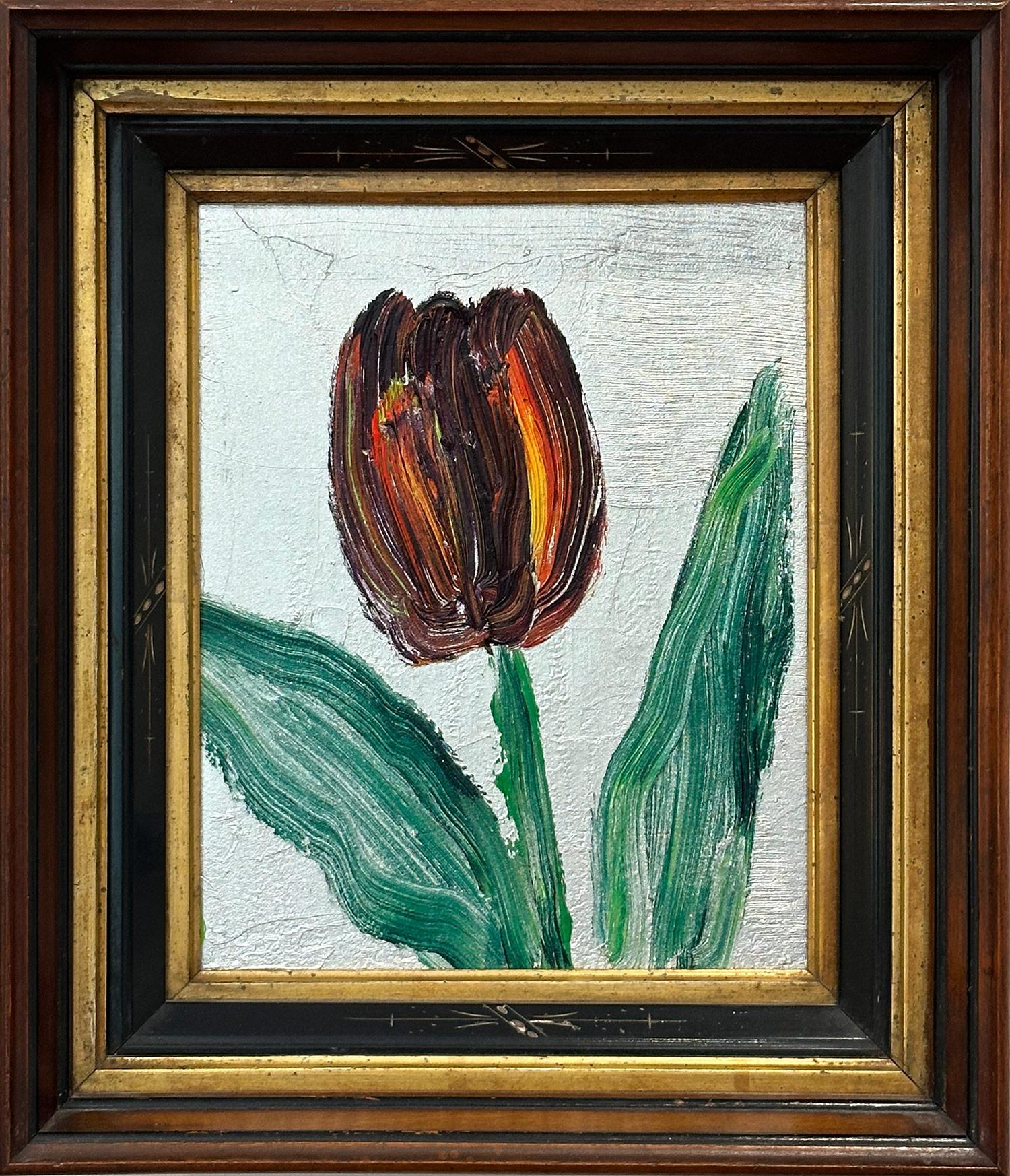 "Single Bloom" Tulipano rosso su sfondo argentato Pittura a olio con cornice antica
