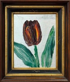 "Single Bloom" Tulipano rosso su sfondo argentato Pittura a olio con cornice antica