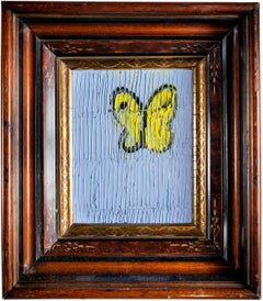 Peinture à l'huile originale d'un seul papillon dans un cadre vintage orné