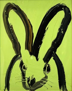 "Situated" Black Outline Bunny on Mint Green Background Oil Painting Framed