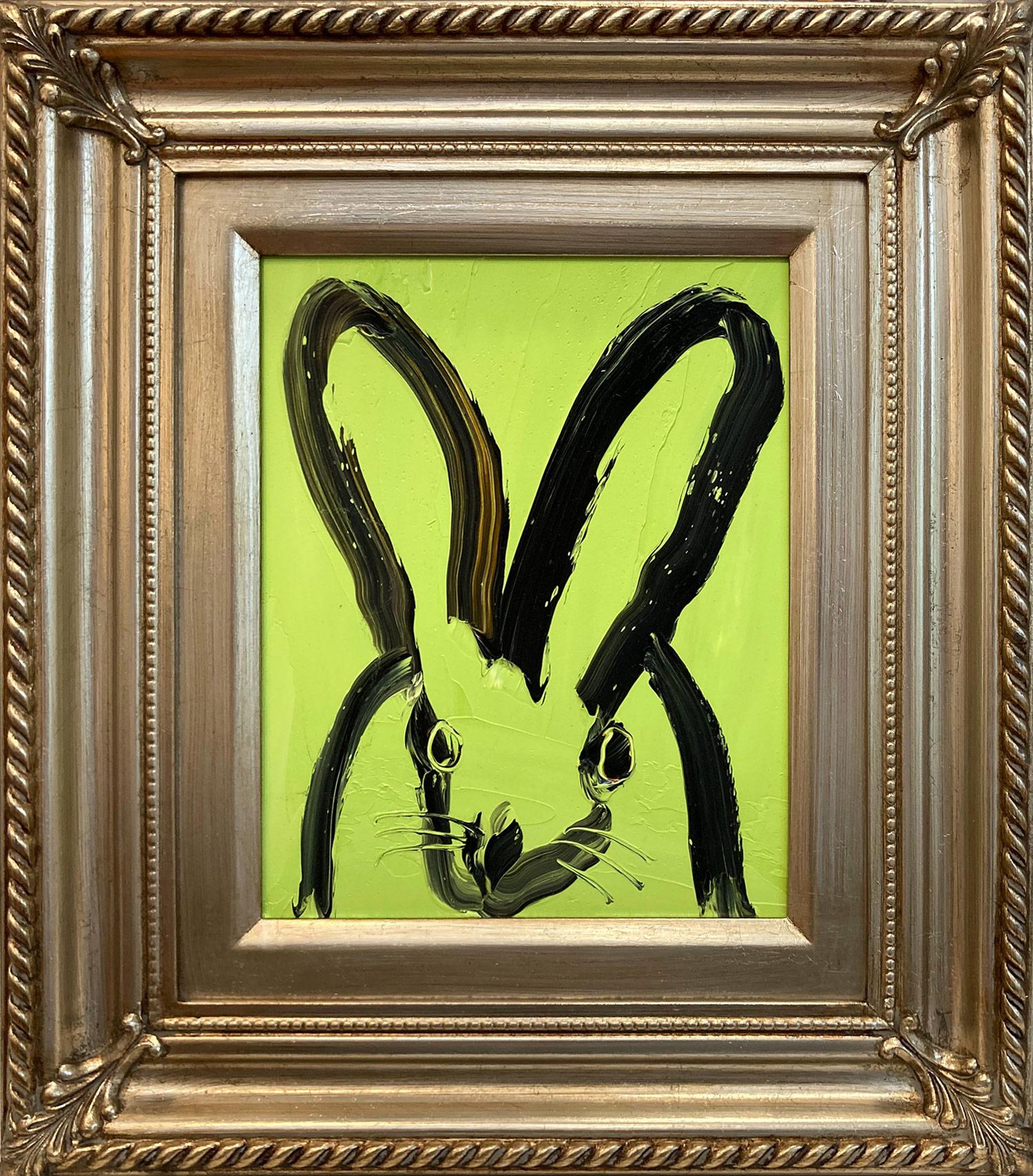 "Situato" Coniglietto dai contorni neri su sfondo verde menta Pittura ad olio con cornice