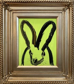 "Situated" Black Outline Bunny on Mint Green Background Oil Painting Framed